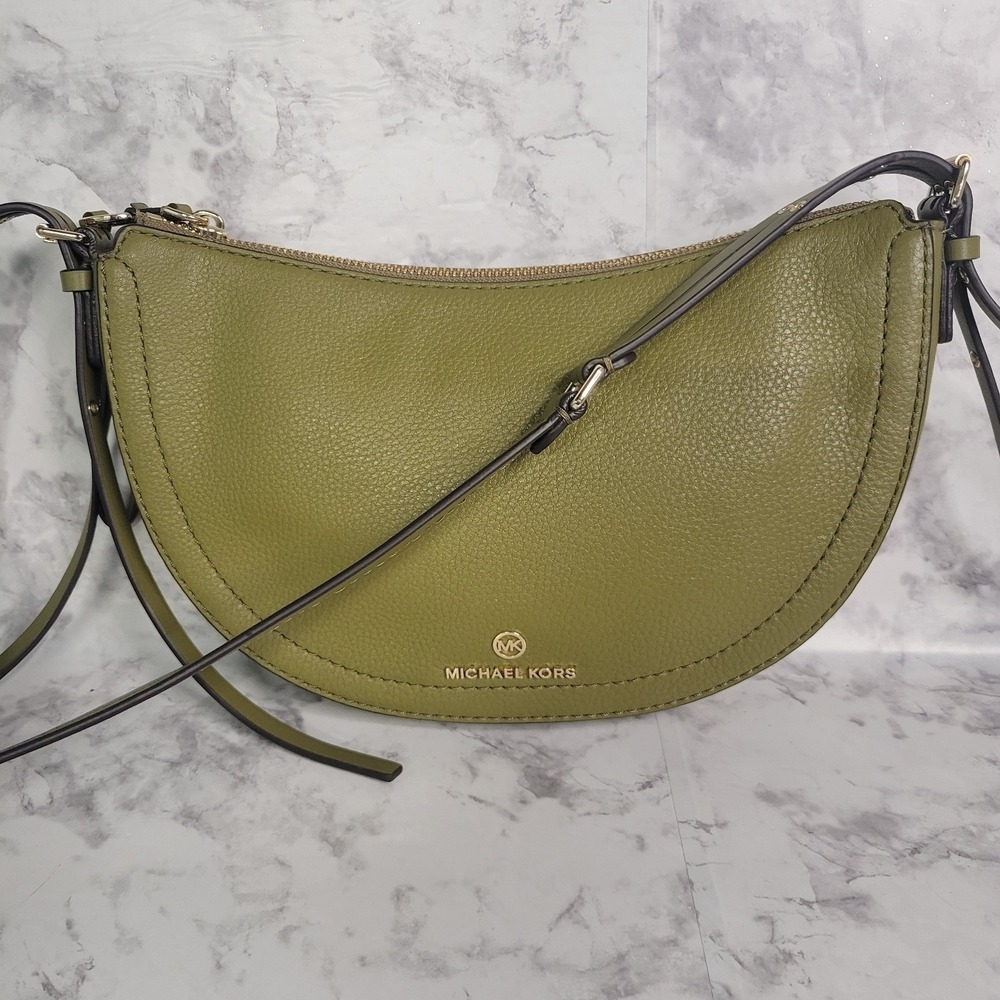 Michael Kors Olive Green Pebbled Leather Crescent Crossbody Bag Gold Hardware